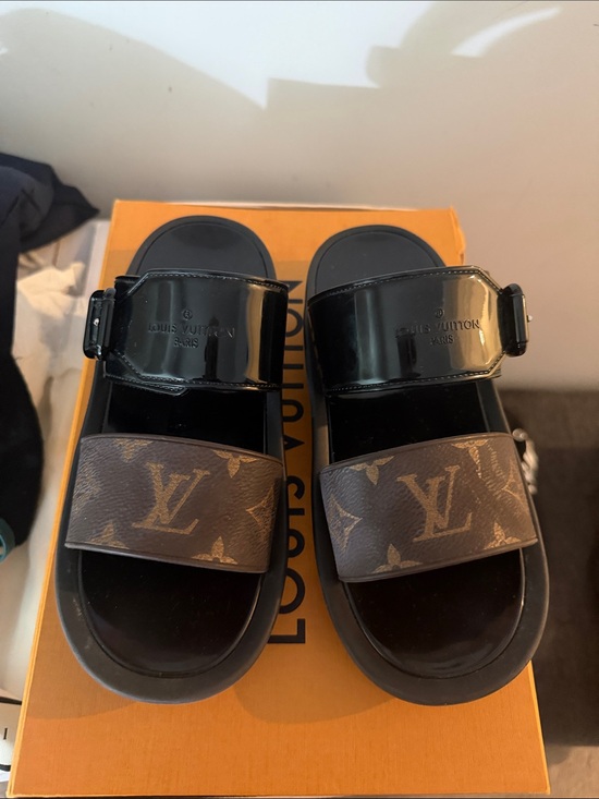 Louis Vuitton Shoes - Louis Vuitton Black and Brown Monogram Double-Strap Slides